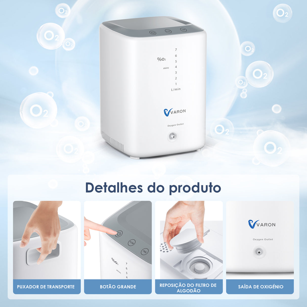 Concentrador de Oxigénio Residencial VARON VH-3 | Terapia Confortável de Nível 1 a 7, Certificado CE
