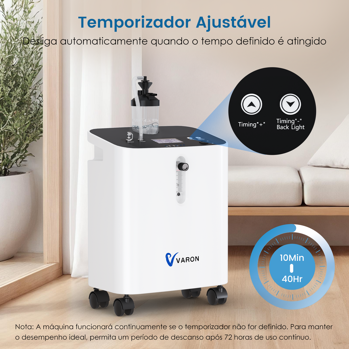 Concentrador de Oxigénio Doméstico VARON VH-3 PRO | Regulação de 10 níveis, terapia confortável, certificado CE