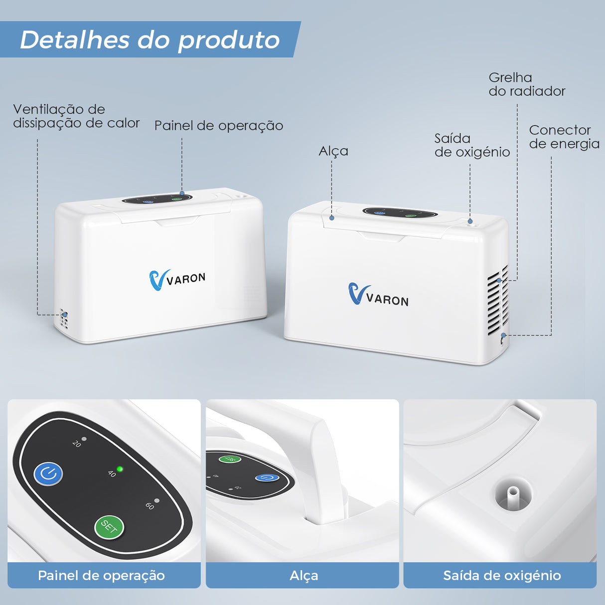 Concentrador de oxigénio portátil contínuo VARON VL-2 Light de 3 níveis, Certificado CE