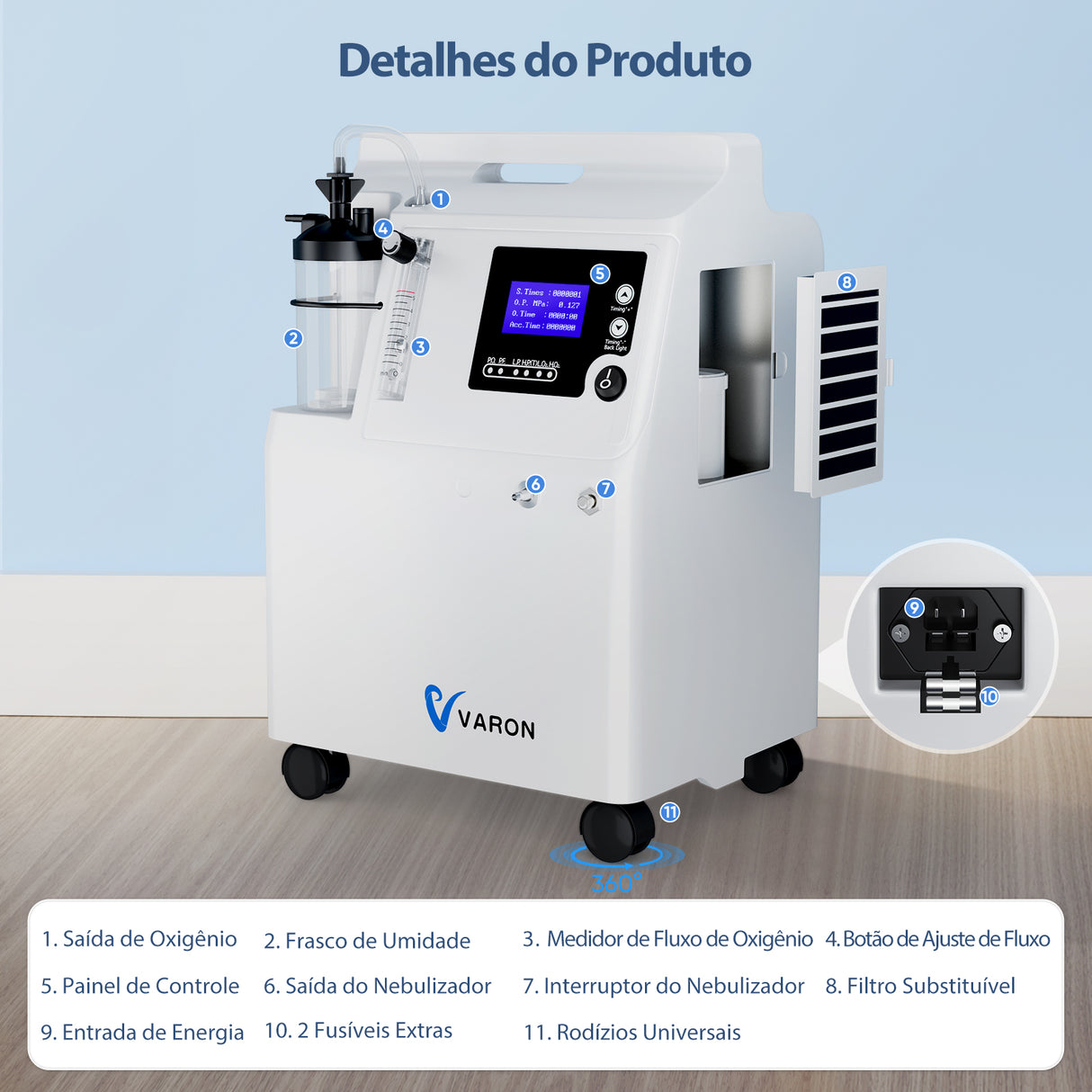 Concentrador de Oxigénio VARON Serene 5L | Baixo Ruído, Funcionamento de 72 Horas, Certificado CE
