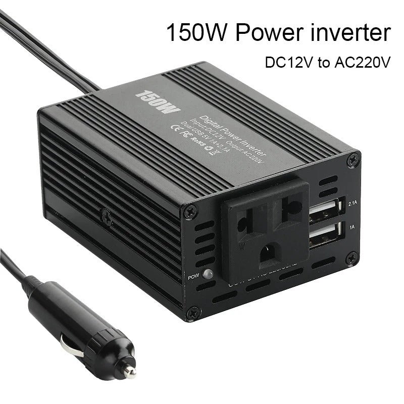 Inversor de carro de 150 W com portas USB duplas, 3,1 A, 12 V a 110 V/220 V
