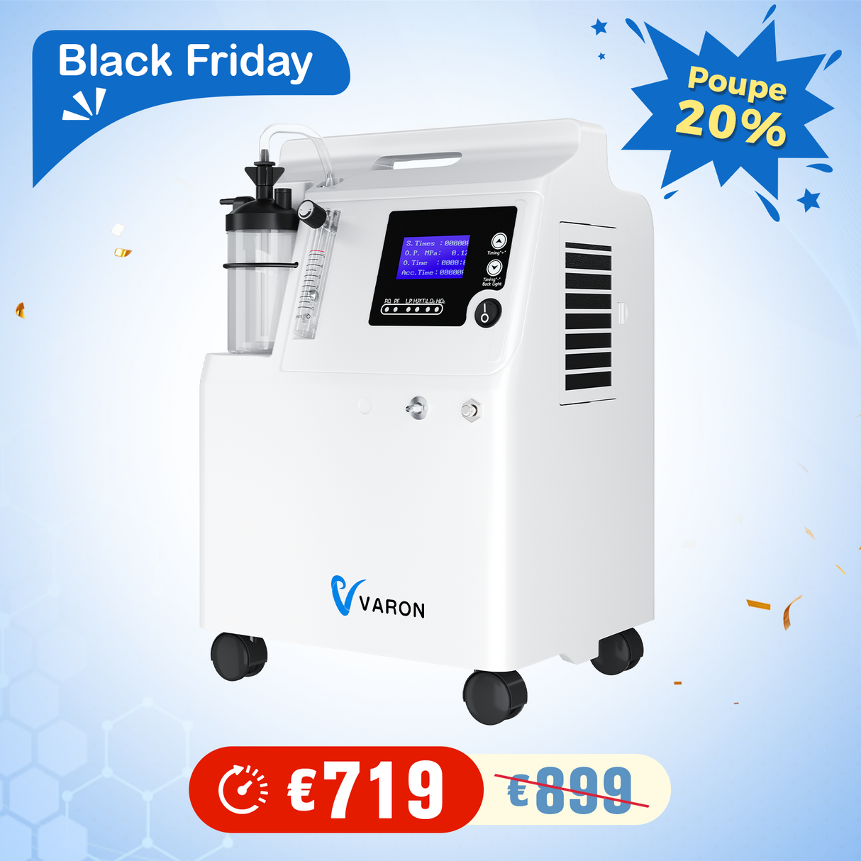 Concentrador de Oxigénio VARON Serene 5L | Baixo Ruído, Funcionamento de 72 Horas, Certificado CE