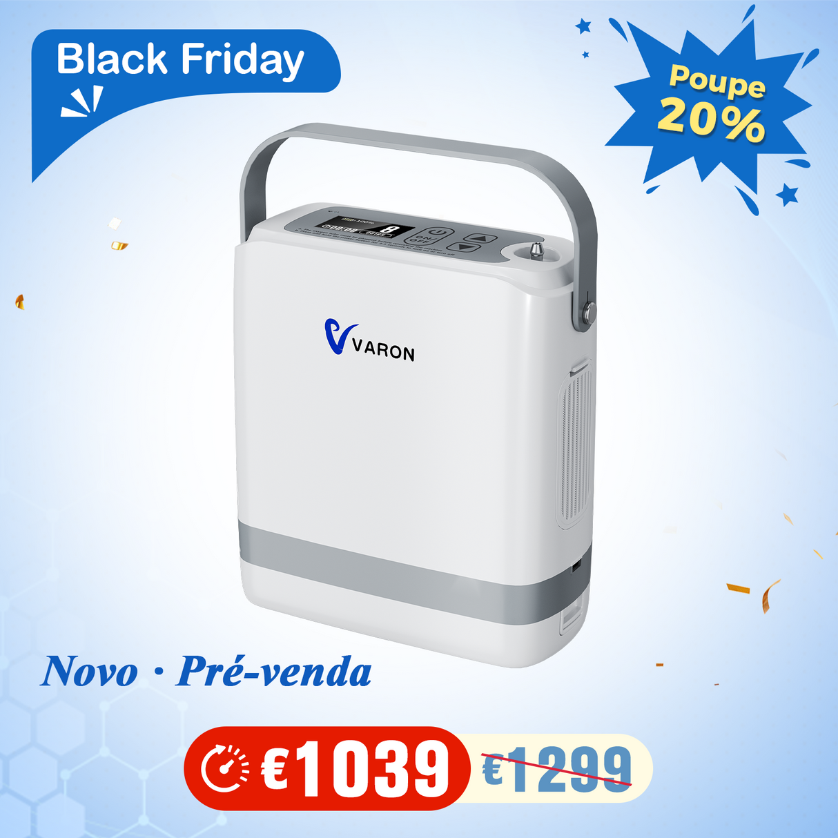 (Pré-venda) VARON VP-8G | Concentrador de Oxigénio Portátil com Fluxo Pulsado (1-8 definições)