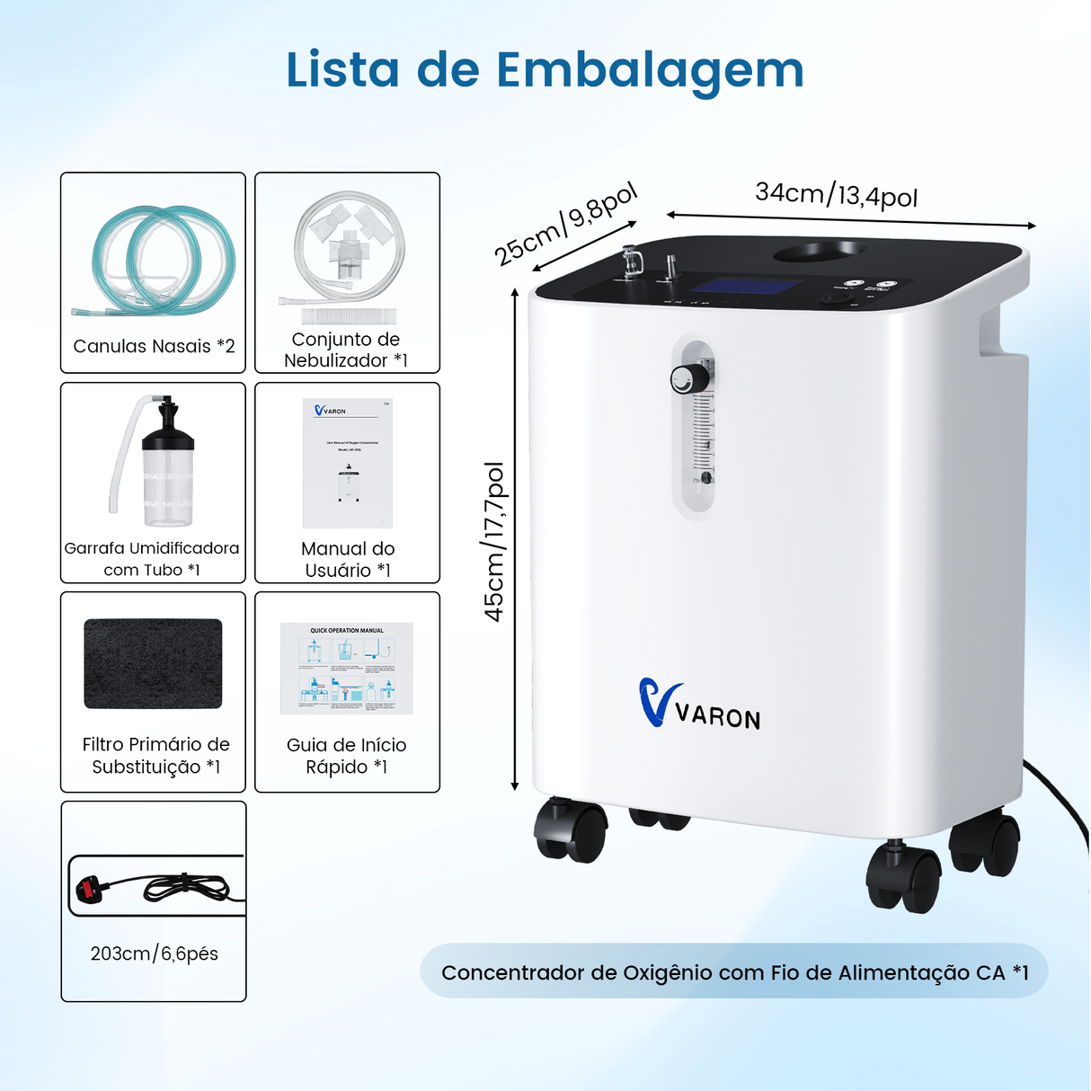 Concentrador de Oxigénio Doméstico VARON VH-3 PRO | Regulação de 10 níveis, terapia confortável, certificado CE