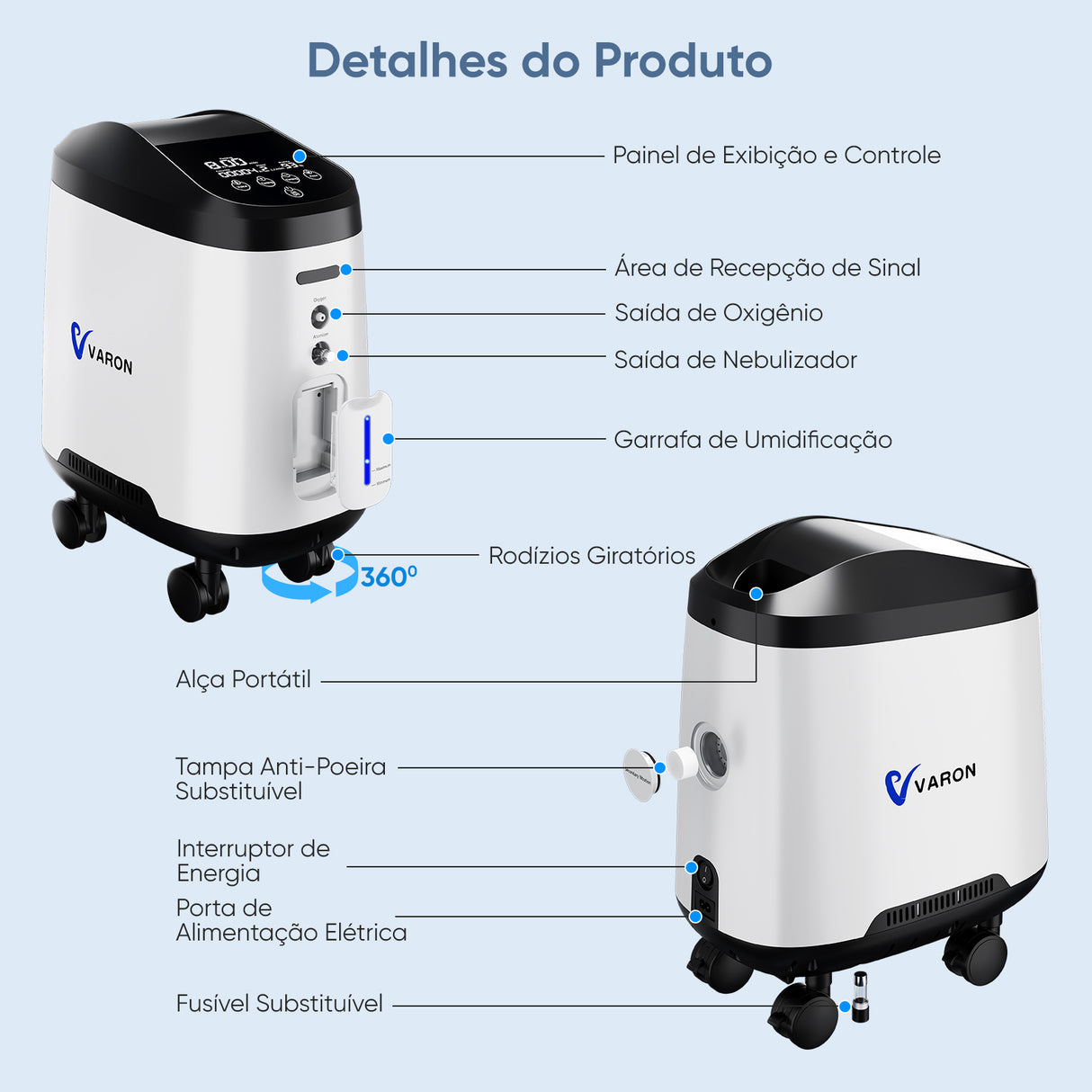 Concentrador de Oxigénio Doméstico VARON VH-2 Pro | Regulação de 9 níveis, funcionamento contínuo de 24 horas, certificado CE