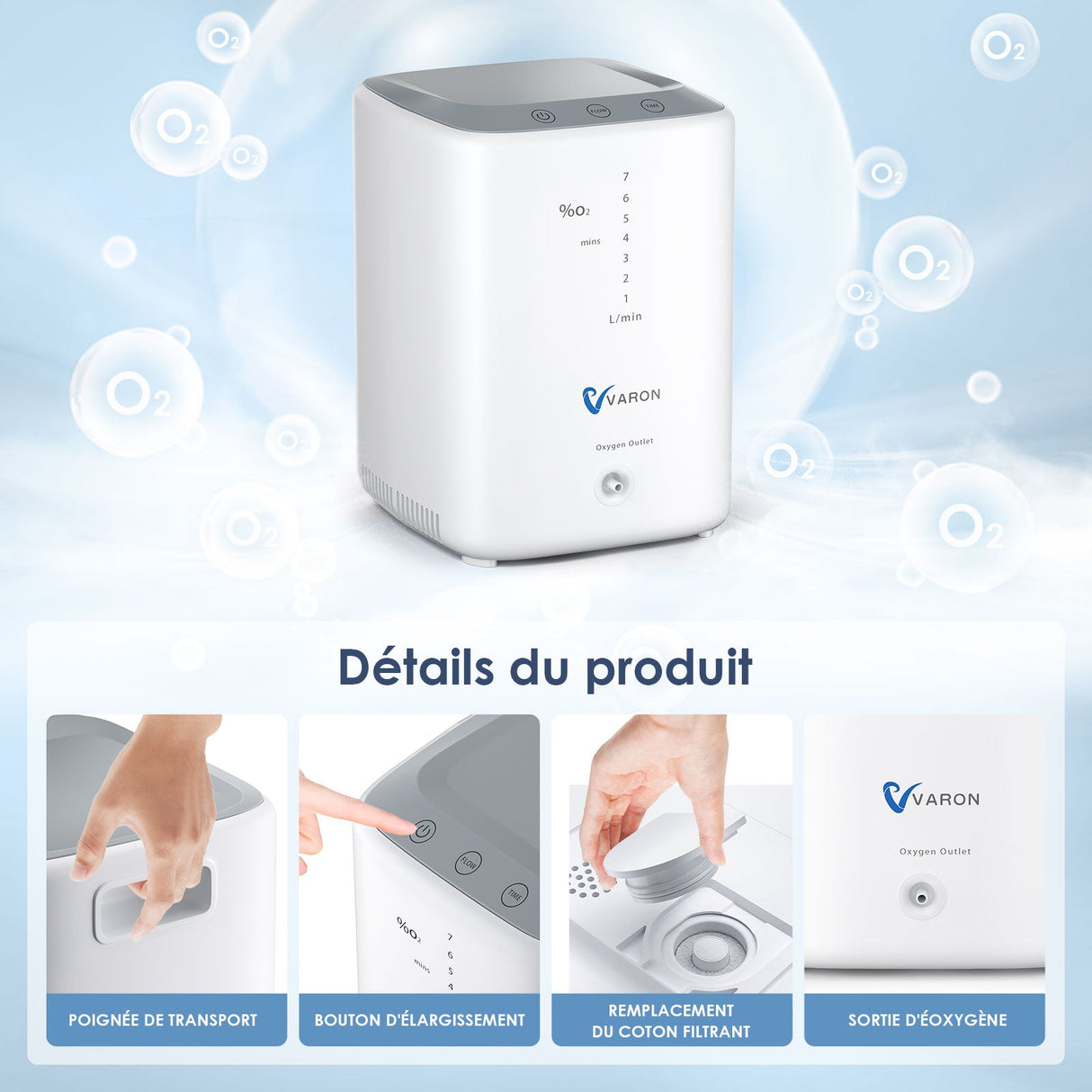 Concentrador de oxigénio doméstico VARON VH-3 | 1-7L/min Terapia confortável, certificado CE