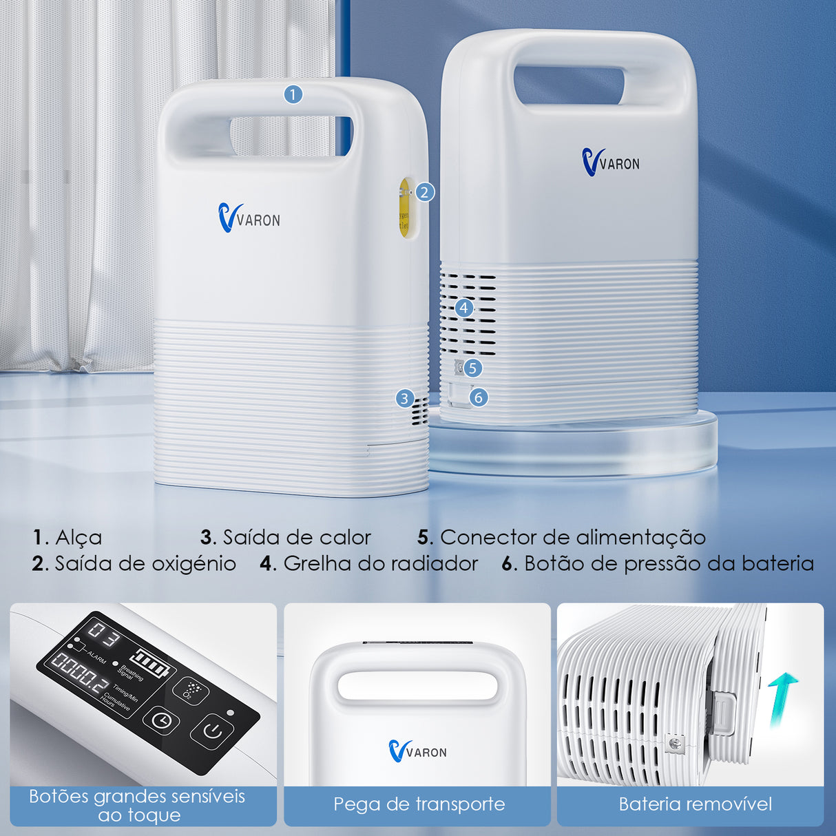 Concentrador de oxigénio portátil VARON VP-2 Pulse — 93% de oxigénio, bateria de longa duração, certificado CE