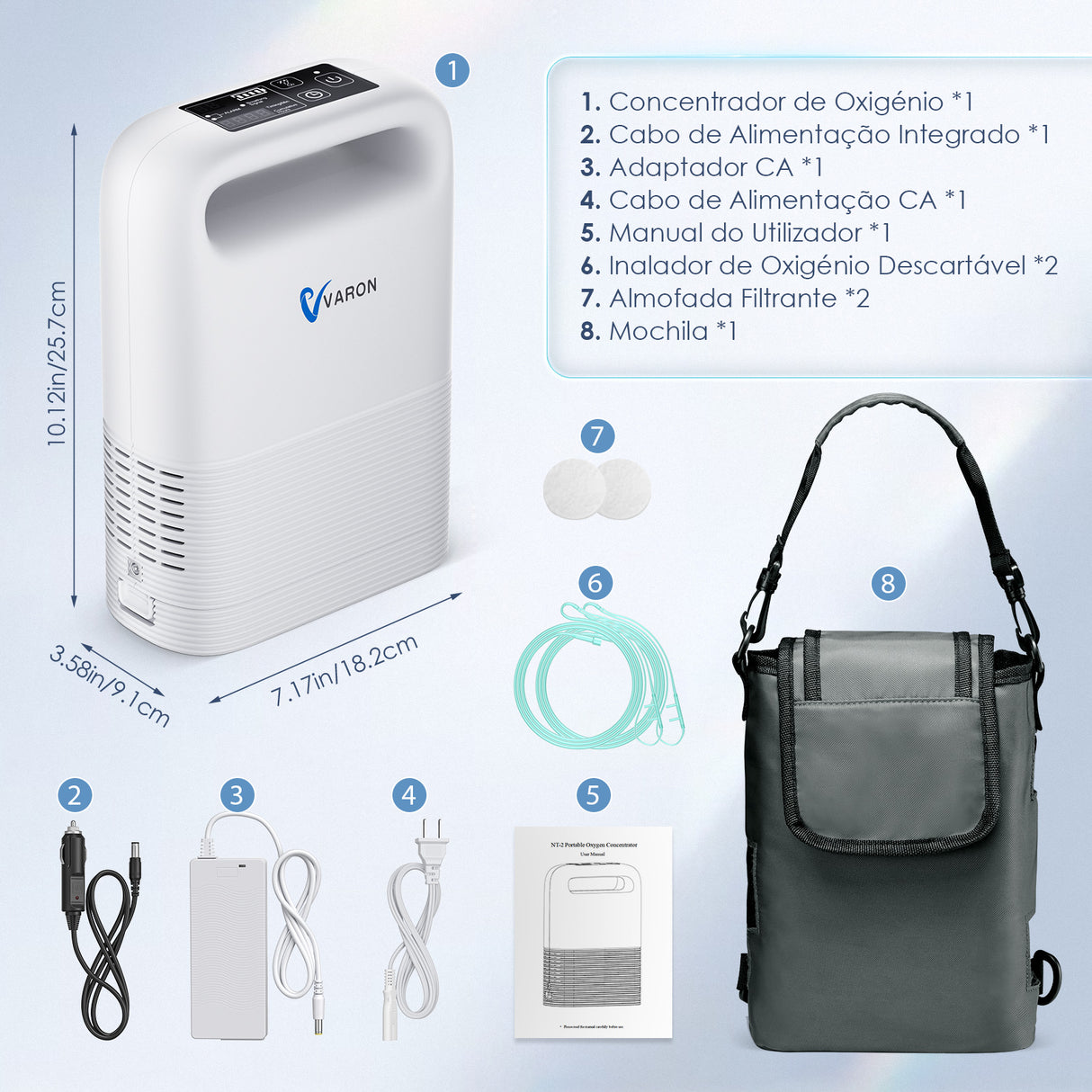 Concentrador de oxigénio portátil VARON VP-2 Pulse — 93% de oxigénio, bateria de longa duração, certificado CE
